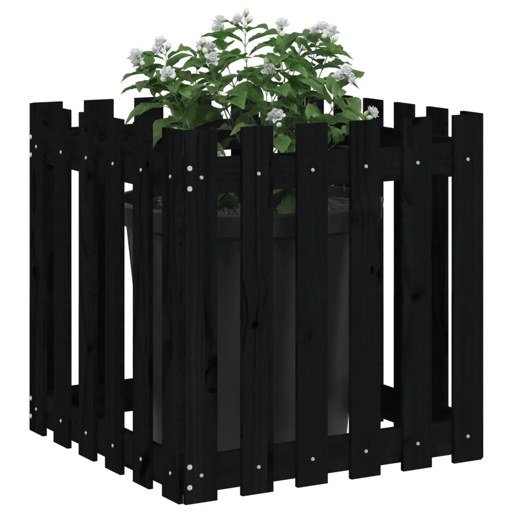 Fioriera Giardino a Recinzione-Vaso con Ringhiera-Contenitore per Piante Nera 60x60x60 cm Massello Pino