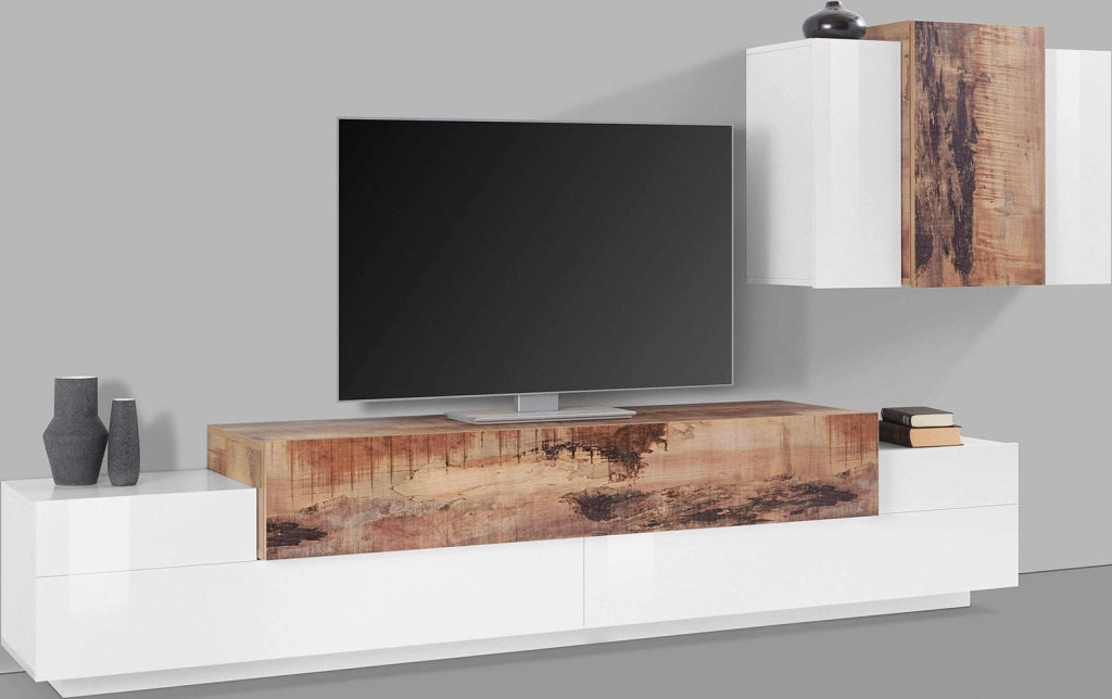 Parete Attrezzata Soggiorno Porta TV 240x45x51,6 cm con Pensile Coro Bianco Lucido e Acero Pereira