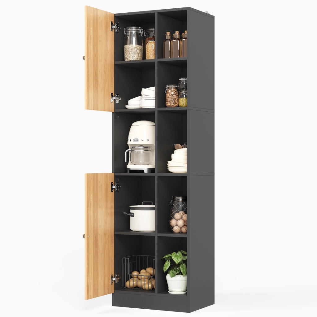 Armadio angolare alto da cucina con 6 ripiani aperti, 2 ante e ripiani regolabili 50x35,5x170 cm nero/naturale