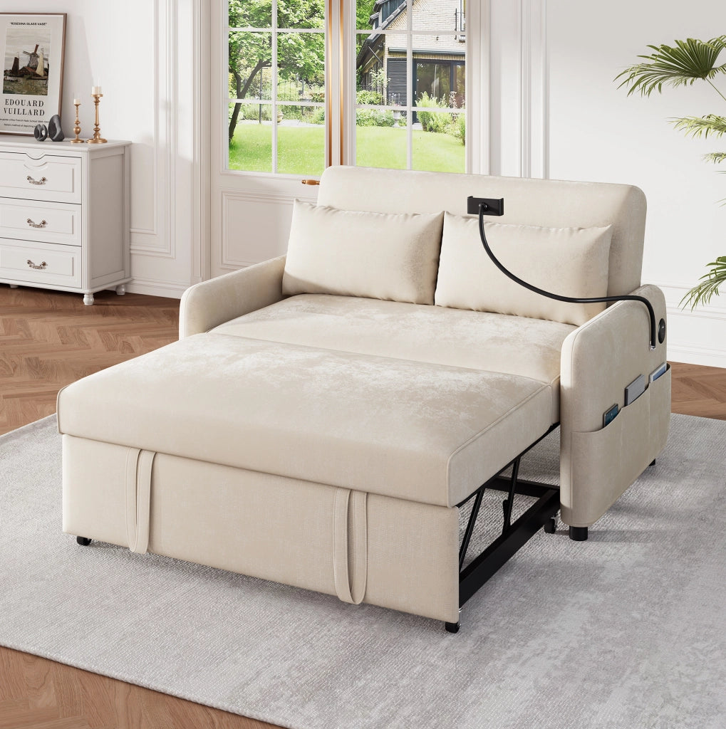 Divano letto 2 posti estraibile con schienale regolabile; USB e porta telefono; beige