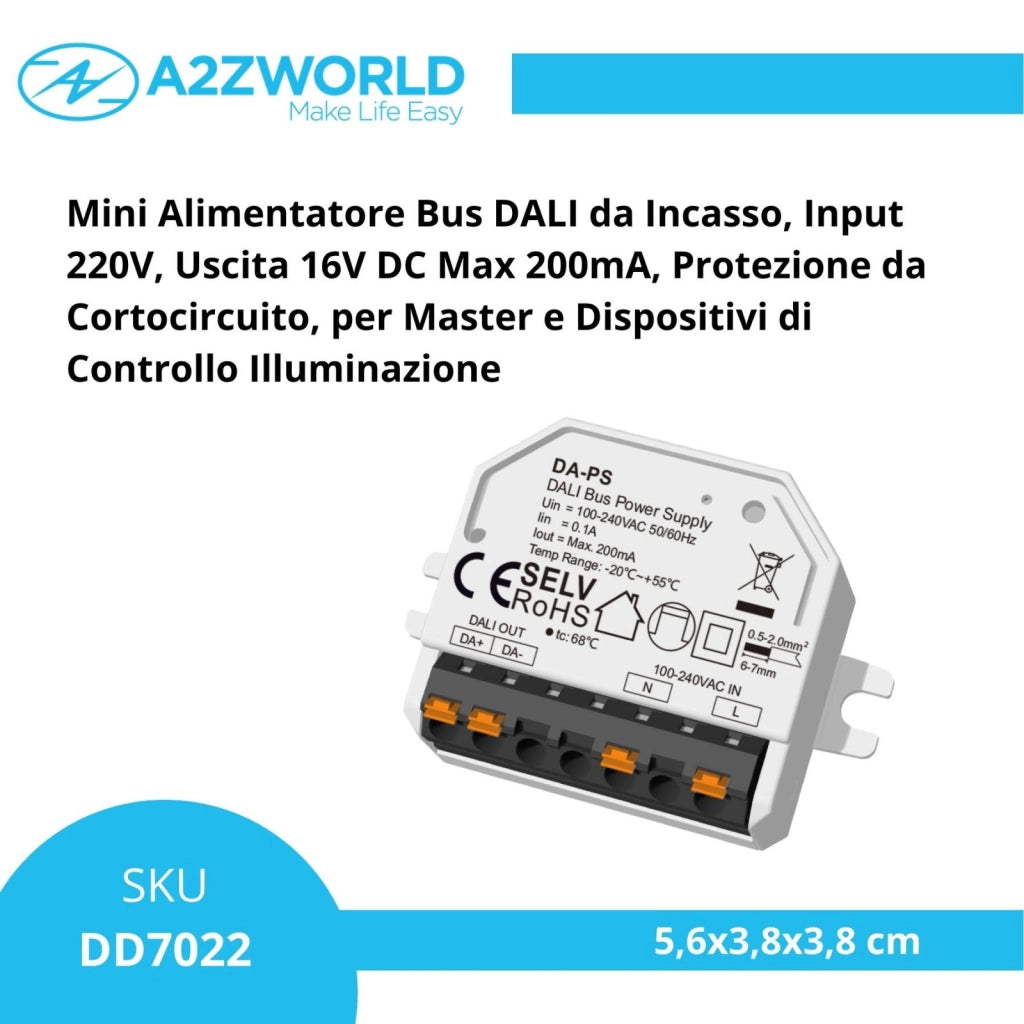 Mini Alimentatore Bus DALI, Input 220V, Uscita 16V DC Max 200mA, Protezione da Cortocircuito, per Master e Dispositivi di Controllo Illuminazione, 56X38X18mm Da Incasso