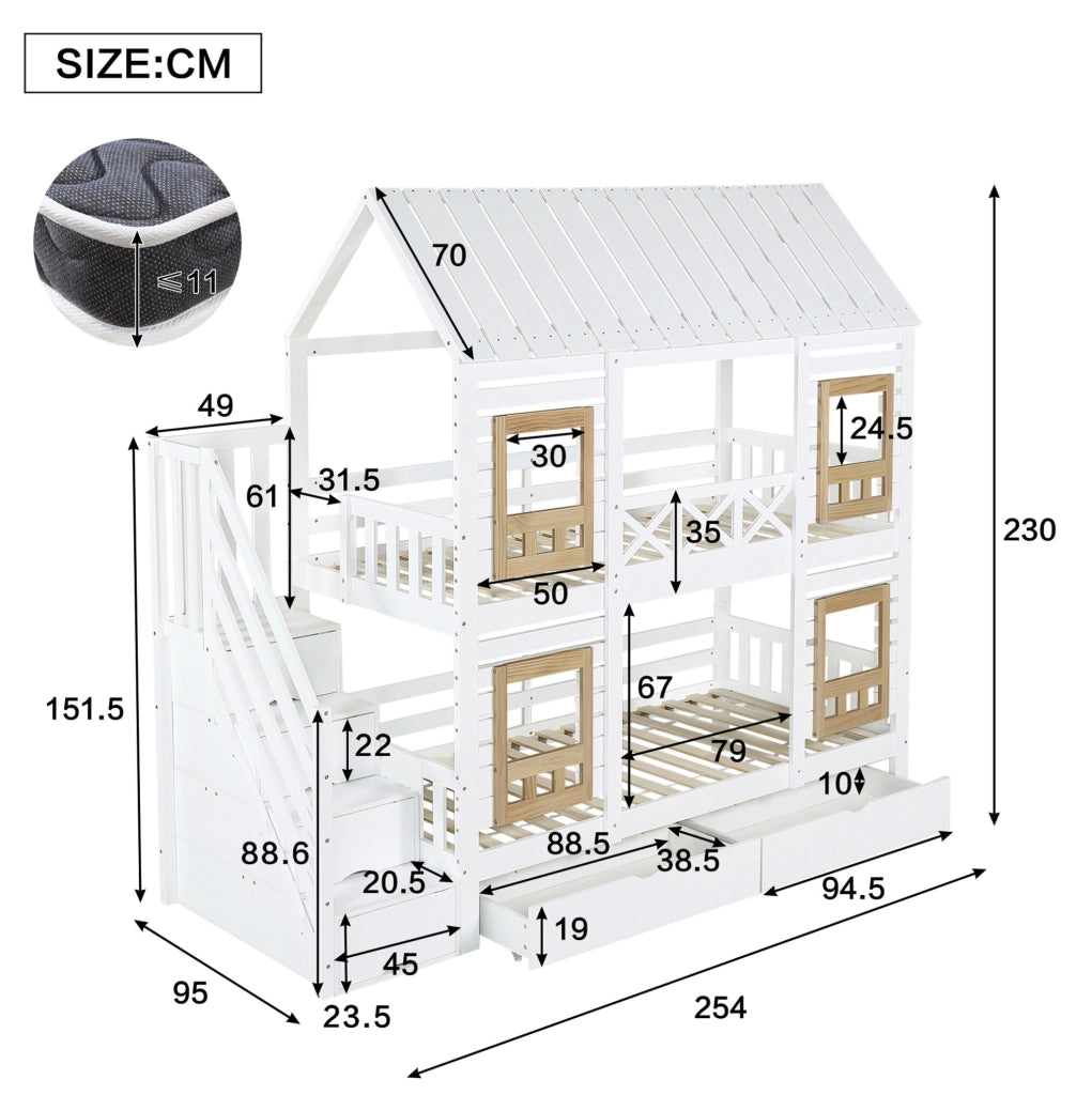 Letto a castello per bambini con 2 cassetti e scala contenitore; 90x200 cm; bianco e naturale
