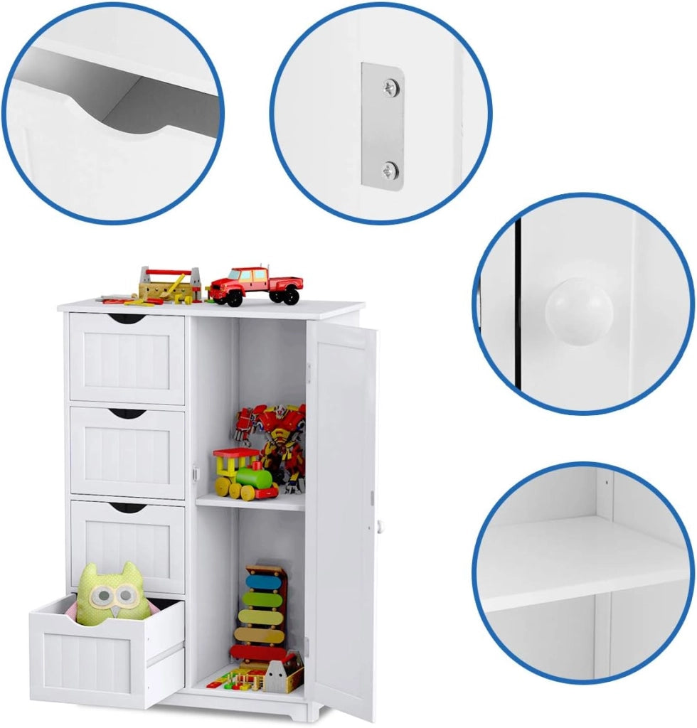 Armadietto Bagno Spazioso, con 4 Cassetti Scorrevoli, Anta Magnetica, Ripiano Regolabile, Mobiletto Multiuso, Carico Massimo di 70 kg, 56x30x82 cm, Bianco