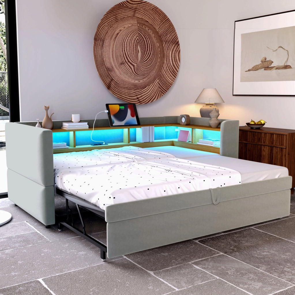 Divano letto imbottito 90/180 x 190 cm grigio chiaro con LED, prese e vani