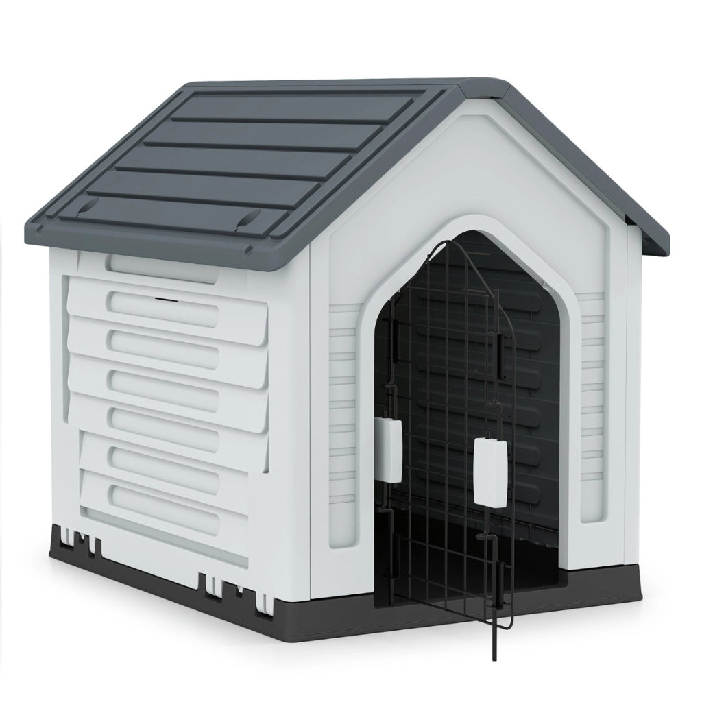Rifugio per animali domestici da interno ed esterno con porta, Casa per cani in plastica in metallo bloccabile Grigio-Casette e lettini