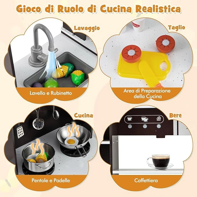 Cucina Giocattolo per Bambini, Cucina Legno per Bambini Con Forno, Microonde, Macchina del Ghiaccio, Macchina per Caffè, Lavello e Rubinetto, Con Suoni e Luci, per Bambini 3+ Anni (Marrone)