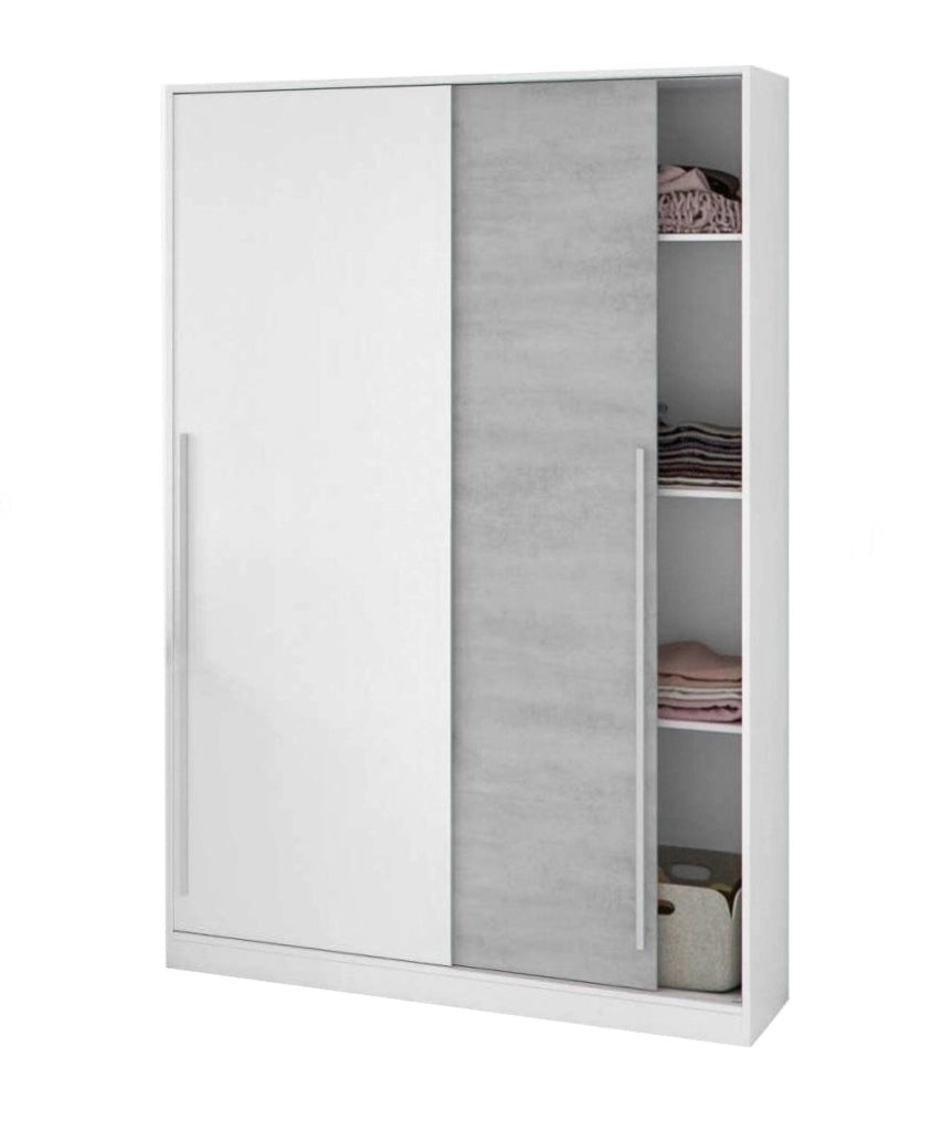 Guardaroba Aristode, Armadio per camera da letto a 2 ante scorrevoli, Mobile con barra appendiabiti e 3 ripiani, cm 120x50h200, Cemento e Bianco