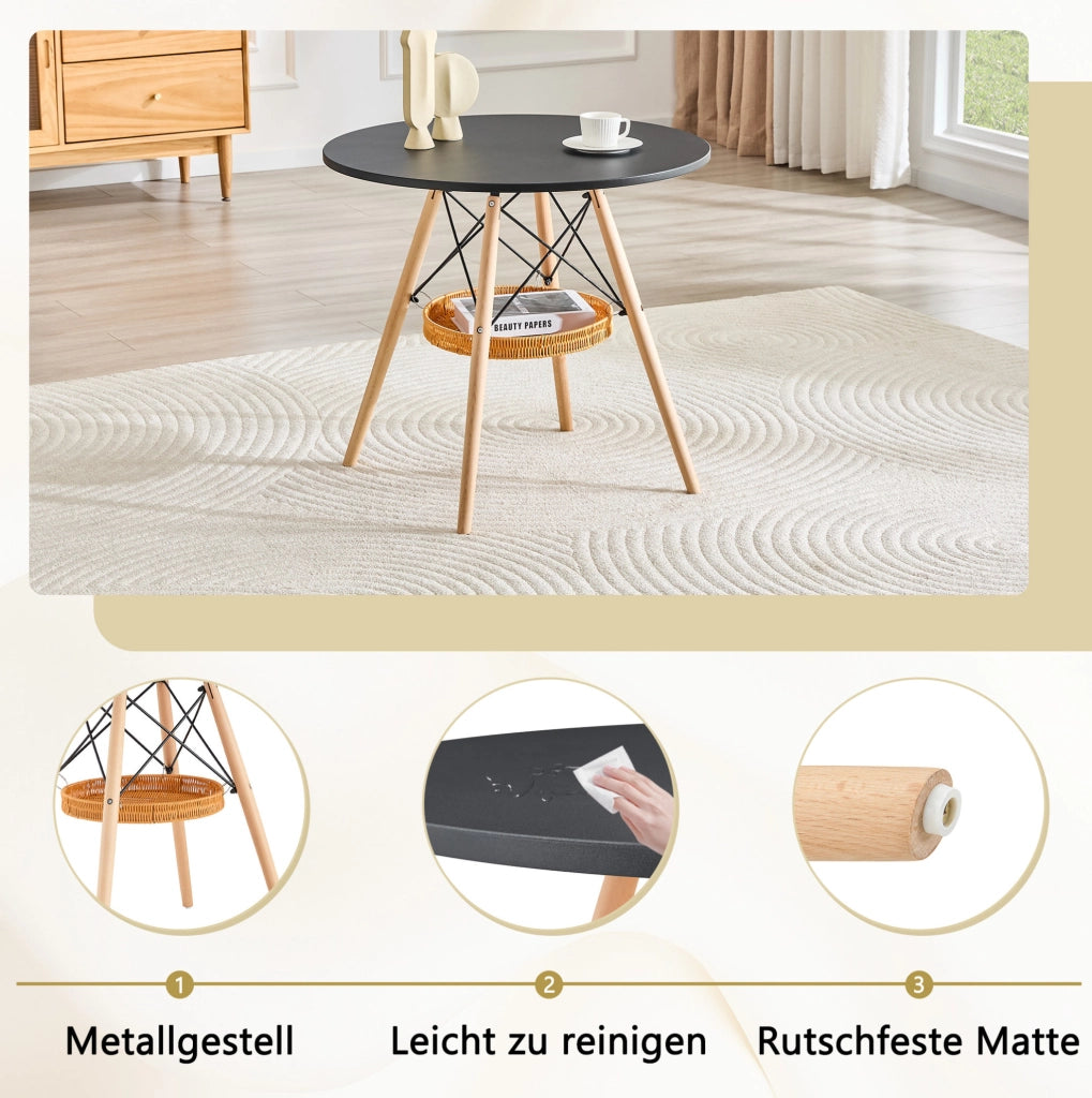 Tavolo da pranzo rotondo ?80 cm in MDF nero e legno massello con cestino intrecciato