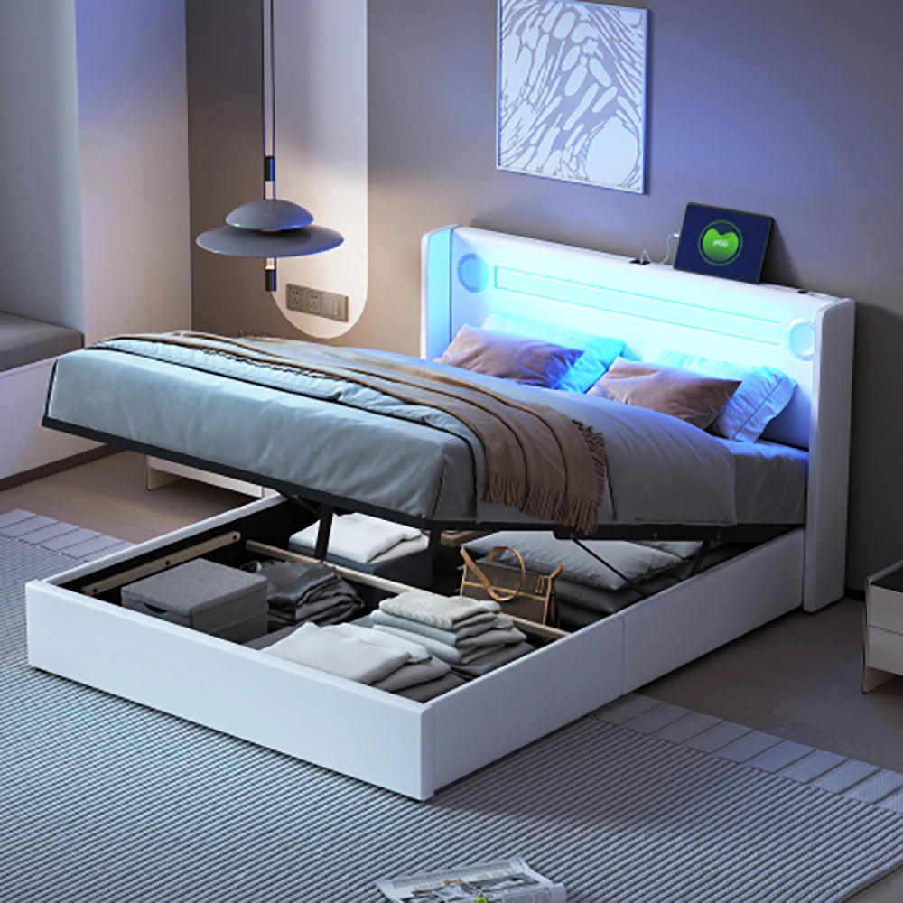 Letto a cassone con LED Bluetooth - Xylo - 140x200 cm - Bianco - USB in Pelle PU
