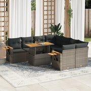 Set Divano da Giardino 9pz con Cuscini Grigio Polyrattan Acacia