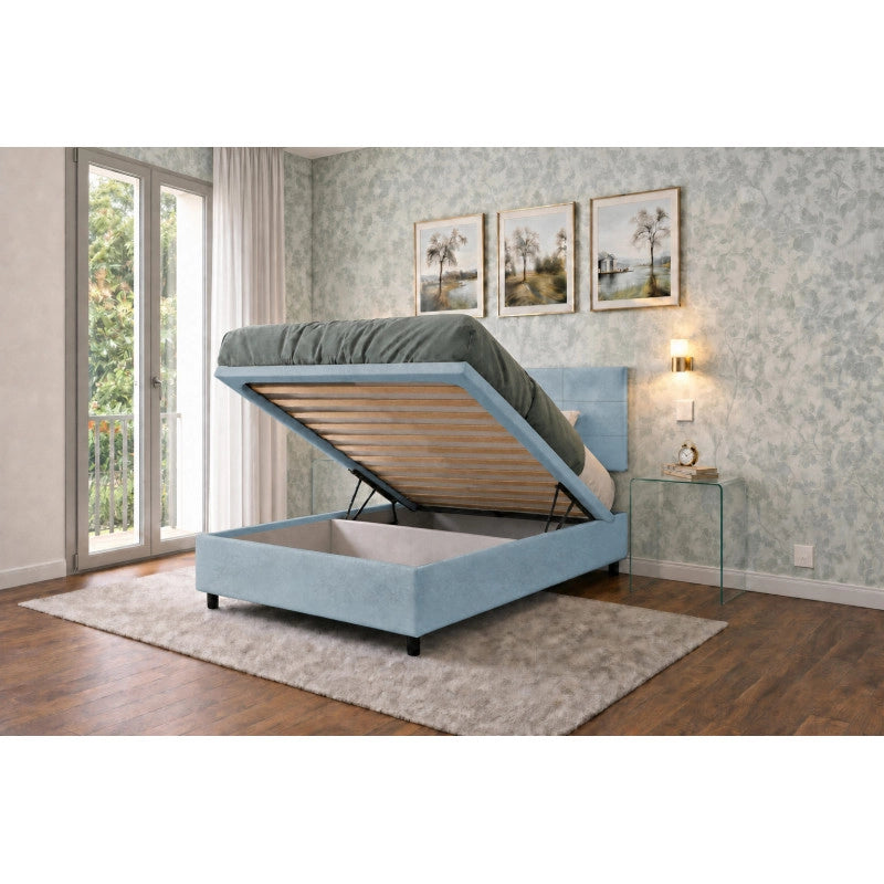Letto imbottito Singolo 80x190 cm Square - Contenitore,Microfibra,Azzurro
