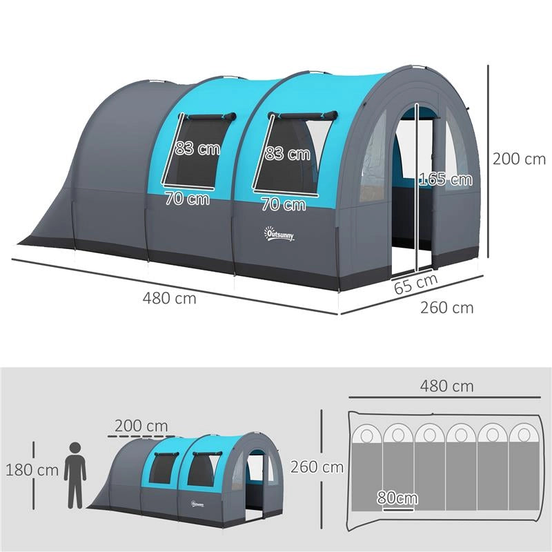 TENDA DA CAMPEGGIO 5 POSTI IMPERMEABILE CON ZONA NOTTE E GIORNO, IN POLIESTERE, 480X260X200 CM, GRIGIO E BLU