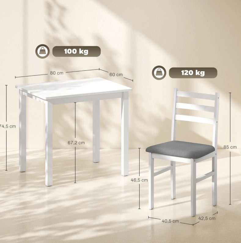 Set da pranzo 3 pezzi bianco con tavolo e 2 sedie imbottite