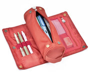 Etui di grande capacità, disegno pieghevole, penne multifunzionali, zaino per penna per ragazzi e ragazze, stile campeggio, arancione/rosa