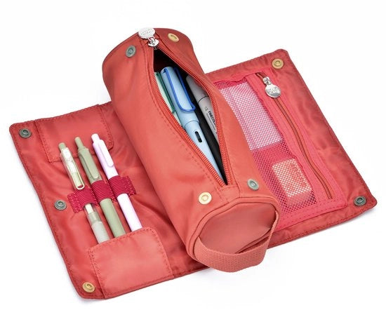 Etui di grande capacità, disegno pieghevole, penne multifunzionali, zaino per penna per ragazzi e ragazze, stile campeggio, arancione/rosa
