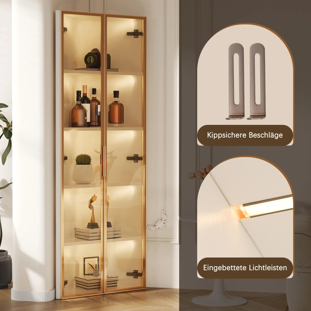 Vetrina ad angolo con 1 Anta; 4 Vani e LED per soggiorno in MDF e vetro 62 × 35 × 160 cm Bianco