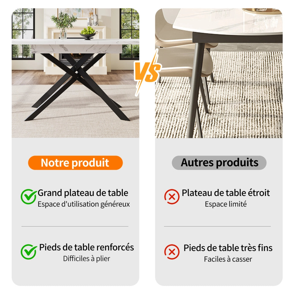 Tavolo allungabile per 6-8 persone con gambe incrociate in metallo, per cucina e soggiorno, bianco e nero, 120 × 80 × 76,5 cm