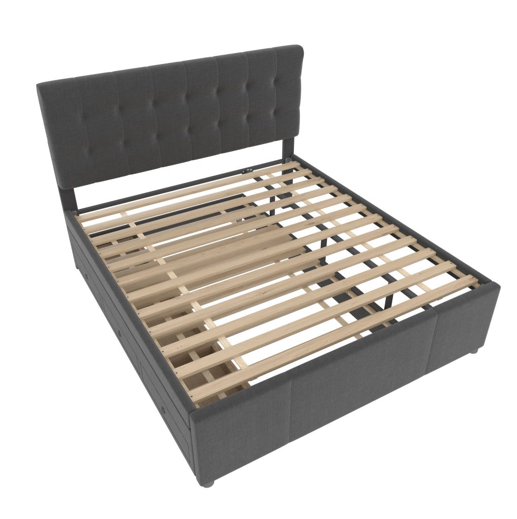 Letto imbottito 140x200 cm; estraibile con 3 cassetti; testiera regolabile; lino; grigio (Senza materasso)