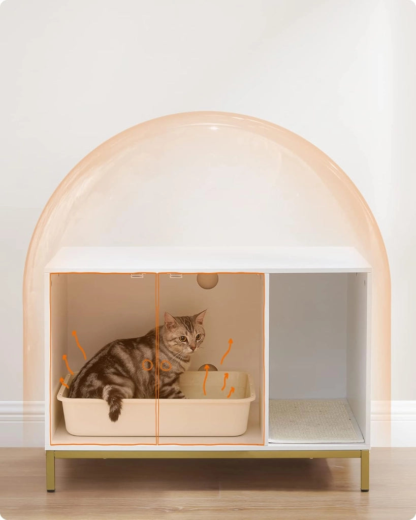 Feandrea Mobile Lettiera per gatti Casa del WC per gatti con tappetino raschiante, piedi alti, tavolino, 80 x 50 x 55 cm, bianco e oro PCL007W01
