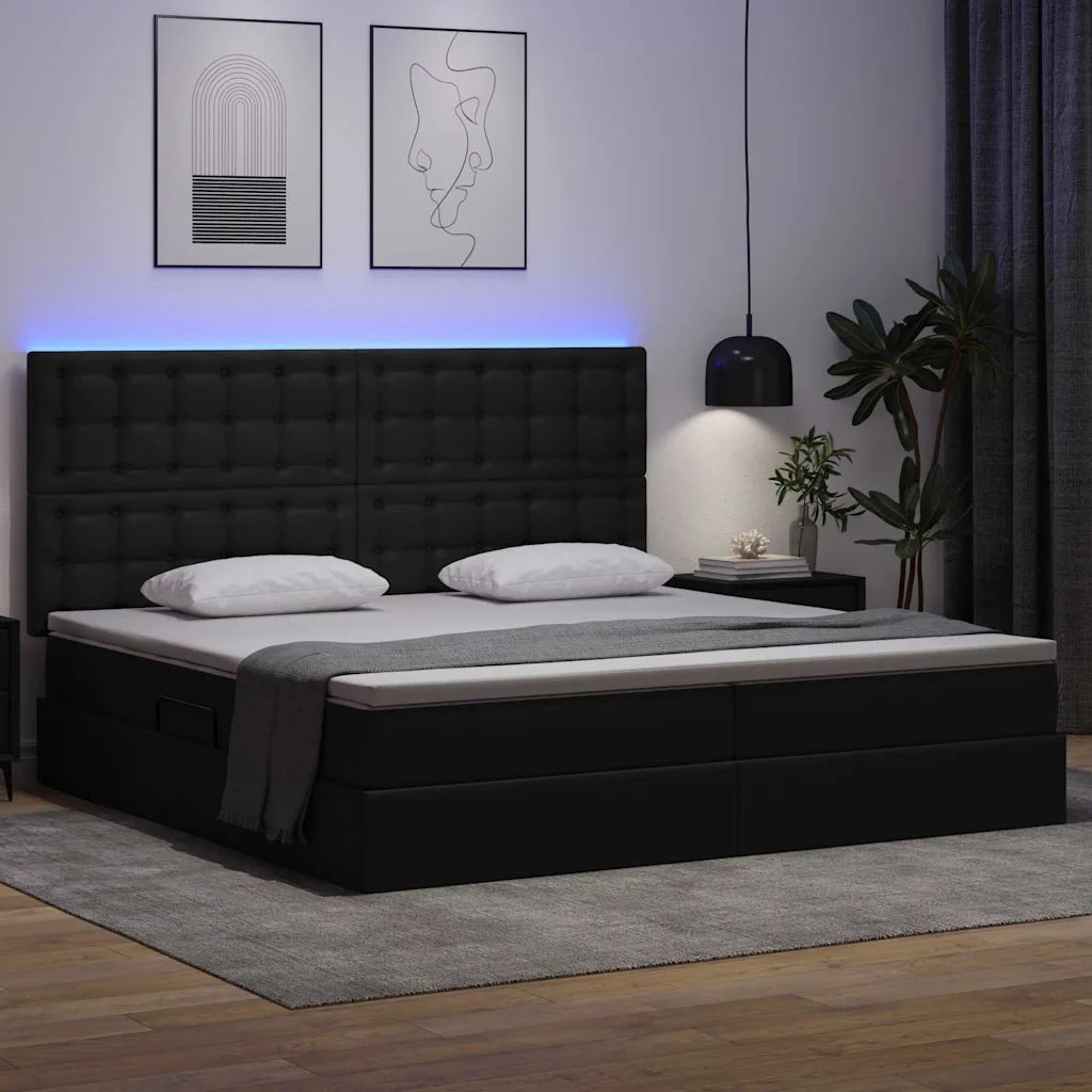 Letto con contenitore e LED Nero 200 x 200 cm Pelle Sintetica