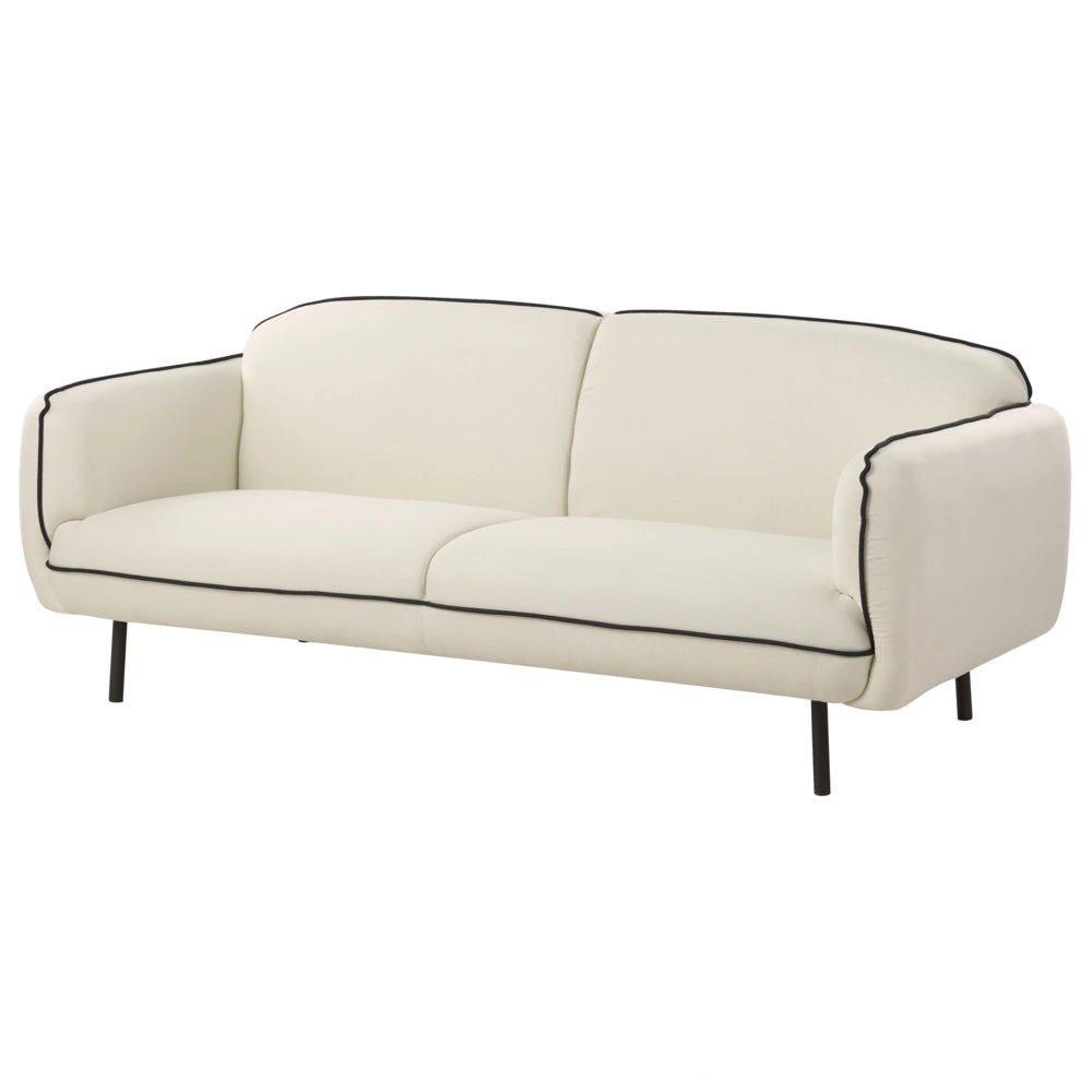 Divano a 3 posti Tessuto beige chiaro Morbido Nubby Gambe in metallo Bordi decorativi neri Stile retro Glam Art Decor