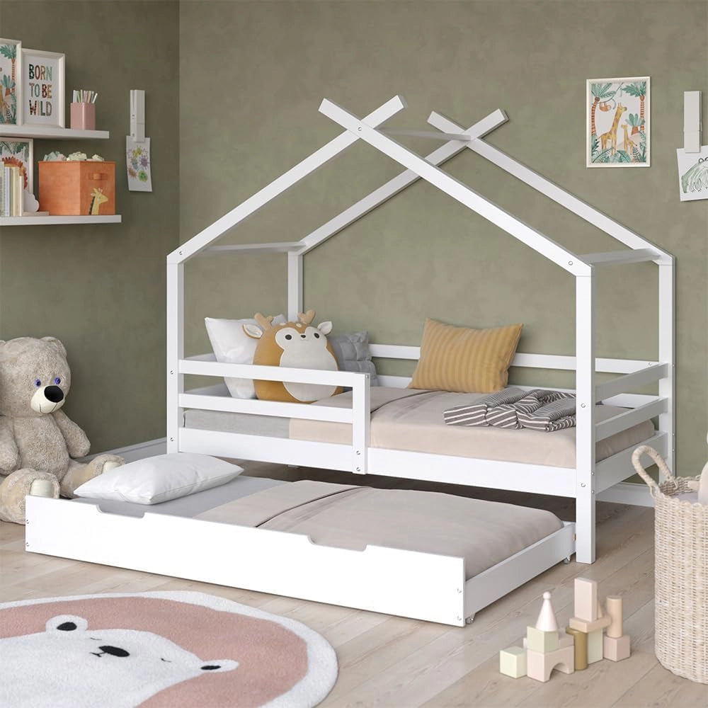 Letto montessori bambini Luni, Bianco, 160 x 80 cm Con letto ospite estraibile e materassi, come una piccola casa per un'atmosfera calda