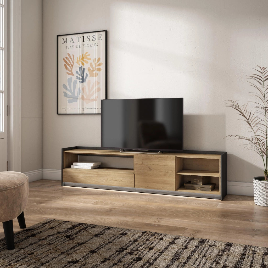 Mobile TV Soggiorno, 207x50x37 cm, Per TV fino a 80", LED, Rovere e nero