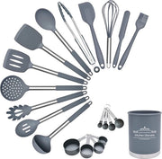 Set di cottura in silicone per piatti non aderenti - 21 pezzi, resistente al calore fino a 200°C, maniglia in acciaio inossidabile 304 (grigio)