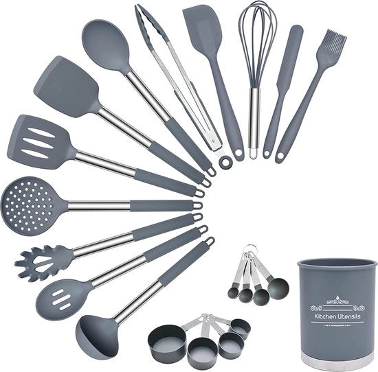 Set di cottura in silicone per piatti non aderenti - 21 pezzi, resistente al calore fino a 200°C, maniglia in acciaio inossidabile 304 (grigio)