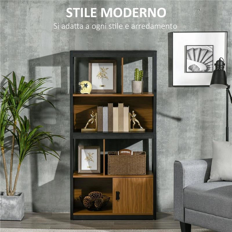 MOBILE LIBRERIA  4 LIVELLI APERTI CON ARMADIETTO, IN TRUCIOLATO E MDF, 76.5X30X150 CM, MARRONE E NERO