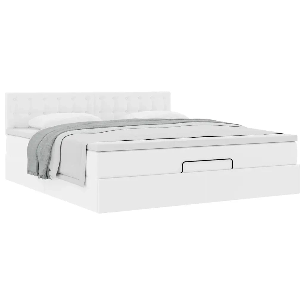 Struttura Letto Pouf con Materasso Bianco 160x200 cm Similpelle 3311314