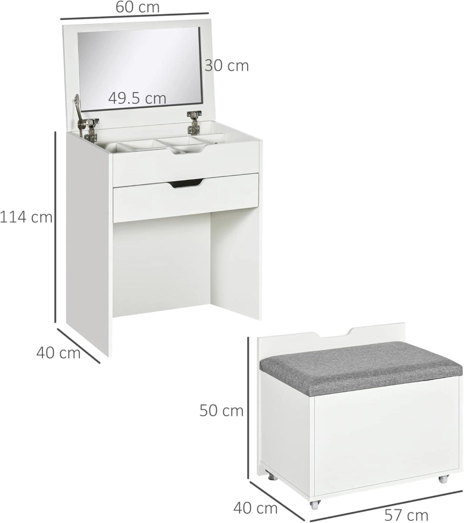 HOMCOM Toeletta da Camera con Specchiera e Sgabello Abbinato, Postazione Trucco con Vano Nascosto e Cassetto in Legno, Bianco