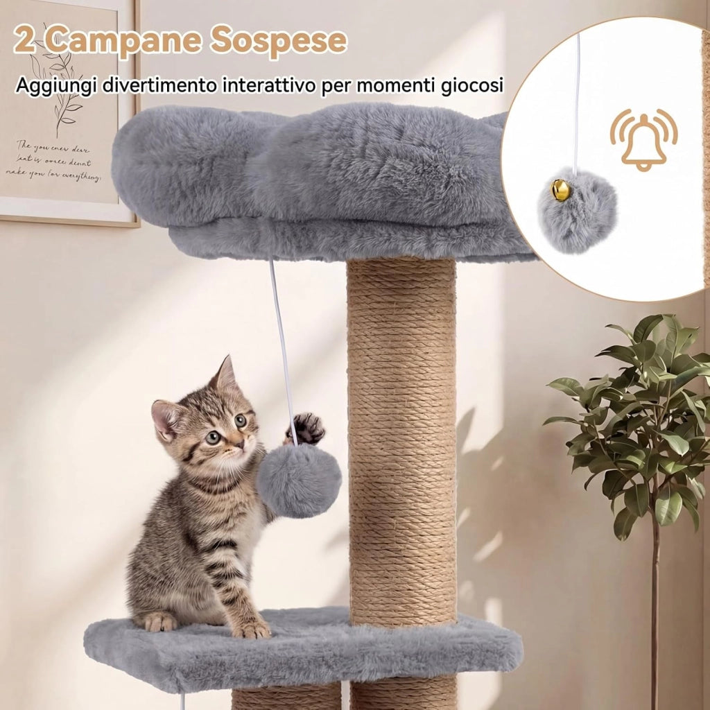 Albero per Gatti, Alberi Tiragraffi Alta 96 cm con Poggiolo Imbottito a Forma di Fiore, Condo Accogliente & Letto per Gatti, 2 Palline con Campanelli Appese & Posti per Graffiare (Grigio)