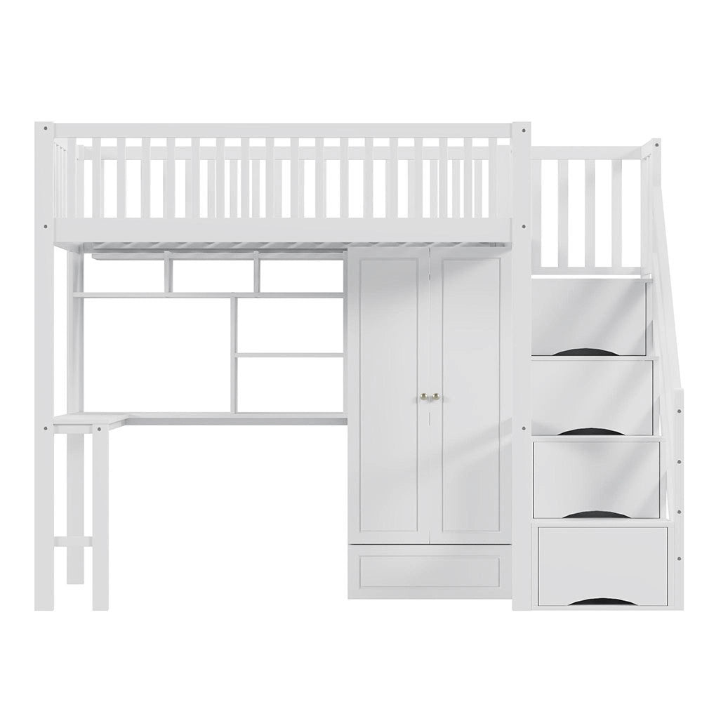 Letto a Soppalco Multifunzione – Xylo – 90x200cm, Legno Bianco, Grande Armadio, Scaffale, Tavolo, Scala, Ripostiglio