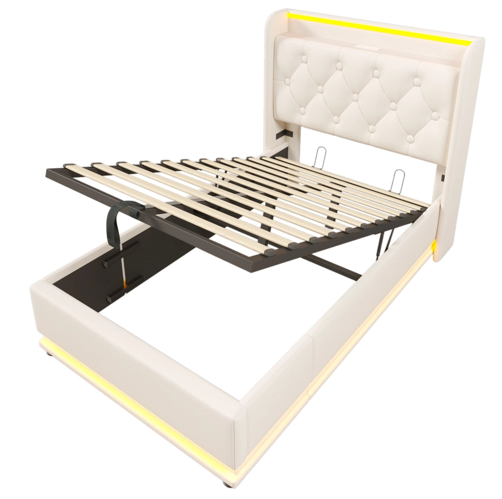 Letto singolo 90x200 cm in PU bianco con LED 360°, USB e contenitore, con materasso