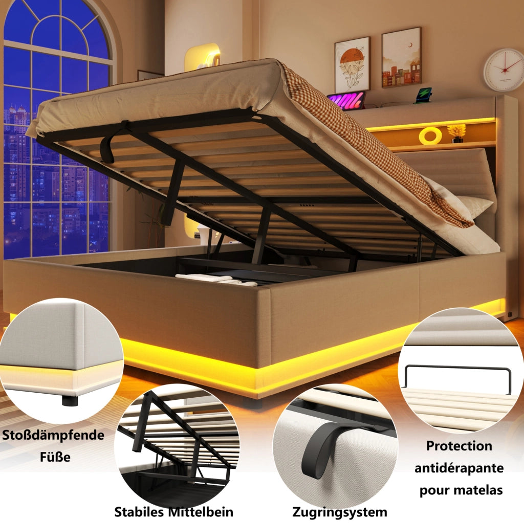 Letto matrimoniale contenitore 140x200 cm con LED; USB e USB-C in lino beige