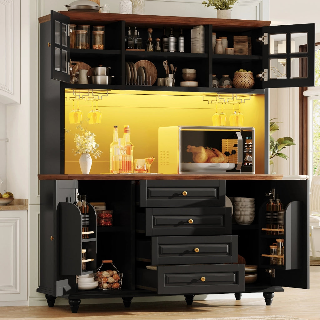 Credenza alta con LED RGB, 4 cassetti e ripiani regolabili per cucina e soggiorno, in MDF, nero, 140 × 40 × 179.5 cm