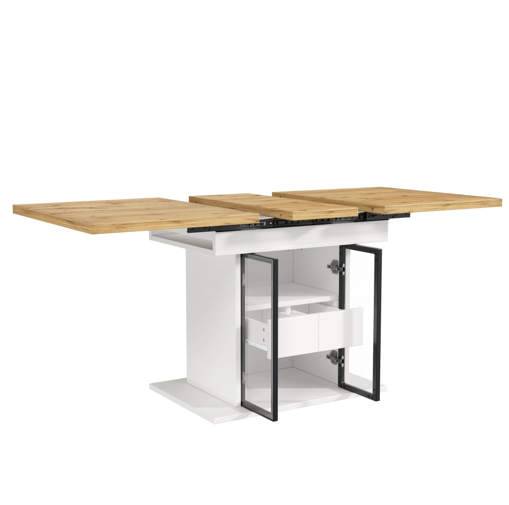 Tavolo allungabile da 110 a 140 cm con contenitore e luci LED; MDF e metallo; bianco