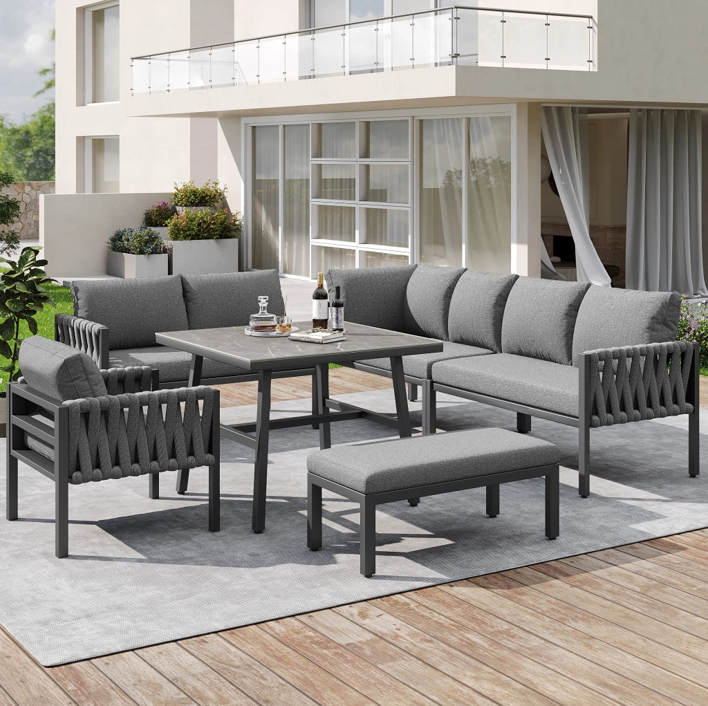 Set da giardino in metallo e poliestere con divano angolare; tavolo in vetro temperato; grigio