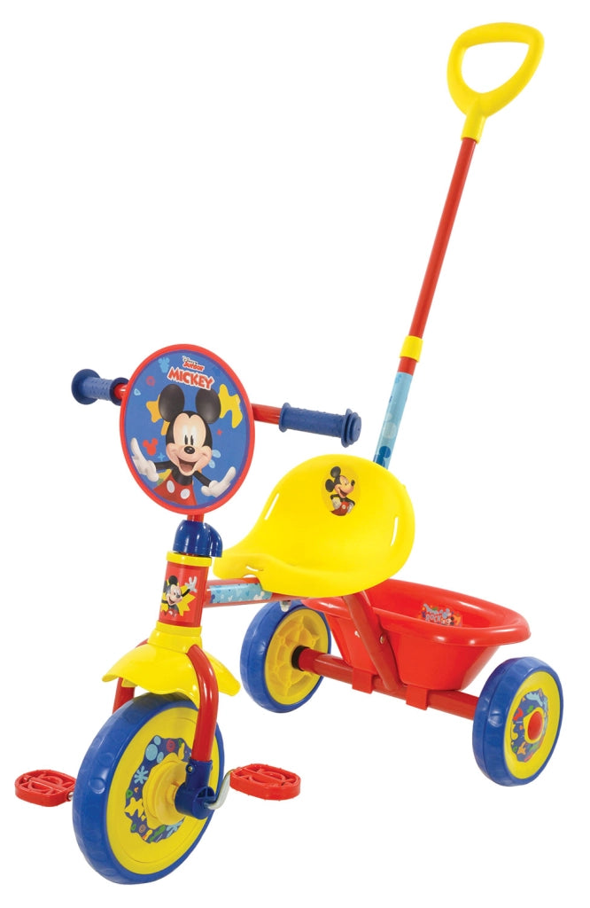 Triciclo a Pedali Primi Passi per Bambini con Maniglione Genitoriale Rimovibile e Vano Contenitore Disney Mickey Mouse