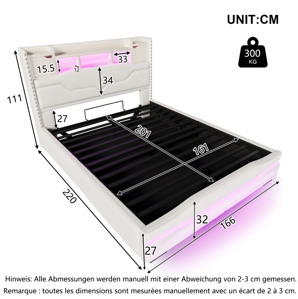 Letto imbottito 160x200 cm con contenitore idraulico; LED e porte USB; beige