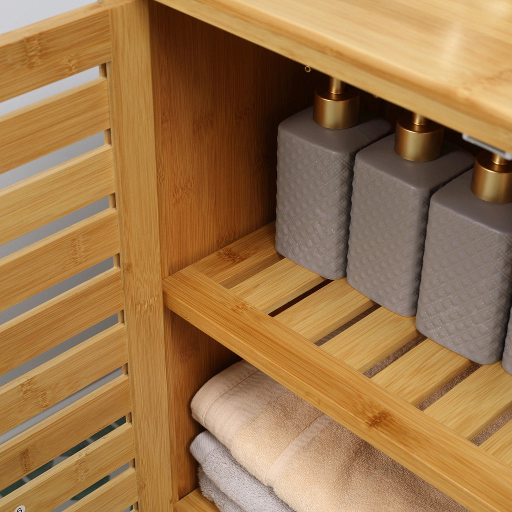 Mobile bagno in bambù con 2 ante a lamelle e 2 ripiani interni, 68x32x86 cm, naturale