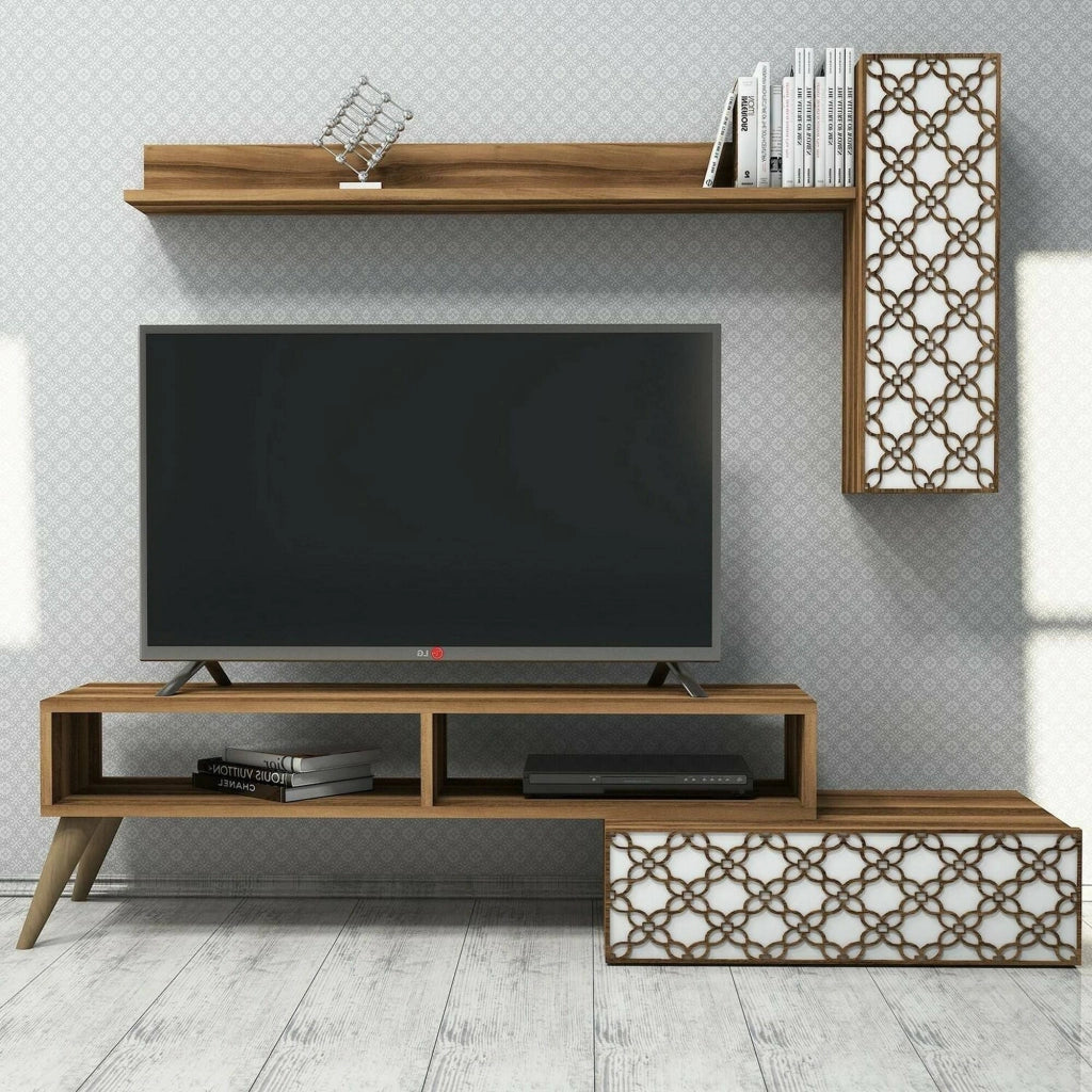 Parete attrezzata Ardara, Composizione soggiorno, Mobile salotto multiuso, Armadio porta TV, 150x37h38 cm, Noce e Bianco