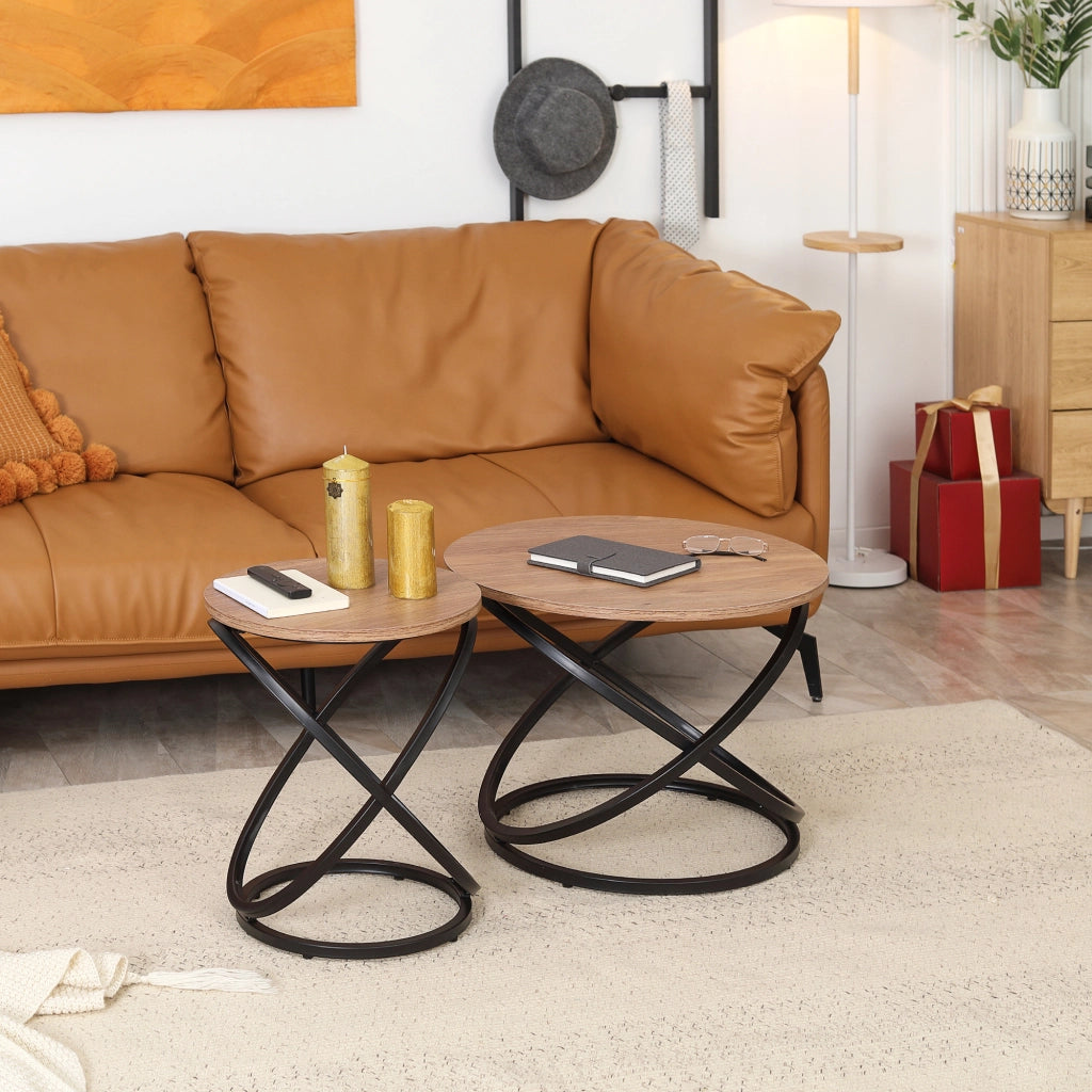 Tavolino da caff¨¨ rotondo stile industriale ¨C zephmum ¨C metallo nero piano legno ?60x46 cm