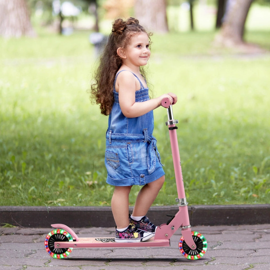 Monopattino per bambini con ruote a led manubrio regolabile, Monopattino per bambini con meccanismo pieghevole Rosa-Monopattini