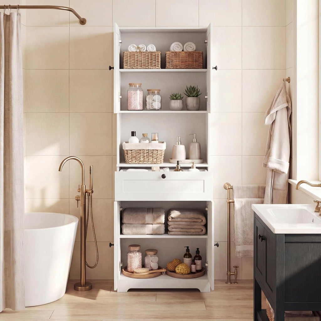 Mobile da Bagno Salvaspazio, Mobile da Terra con 4 Ante, 1 Cassetto, Vano Aperto e Ripiani Regolabili, Credenza Dispensa Cucina in Lgeno per Soggiorno e Ingresso, 60 x 35 x 171,5 cm (Bianco)