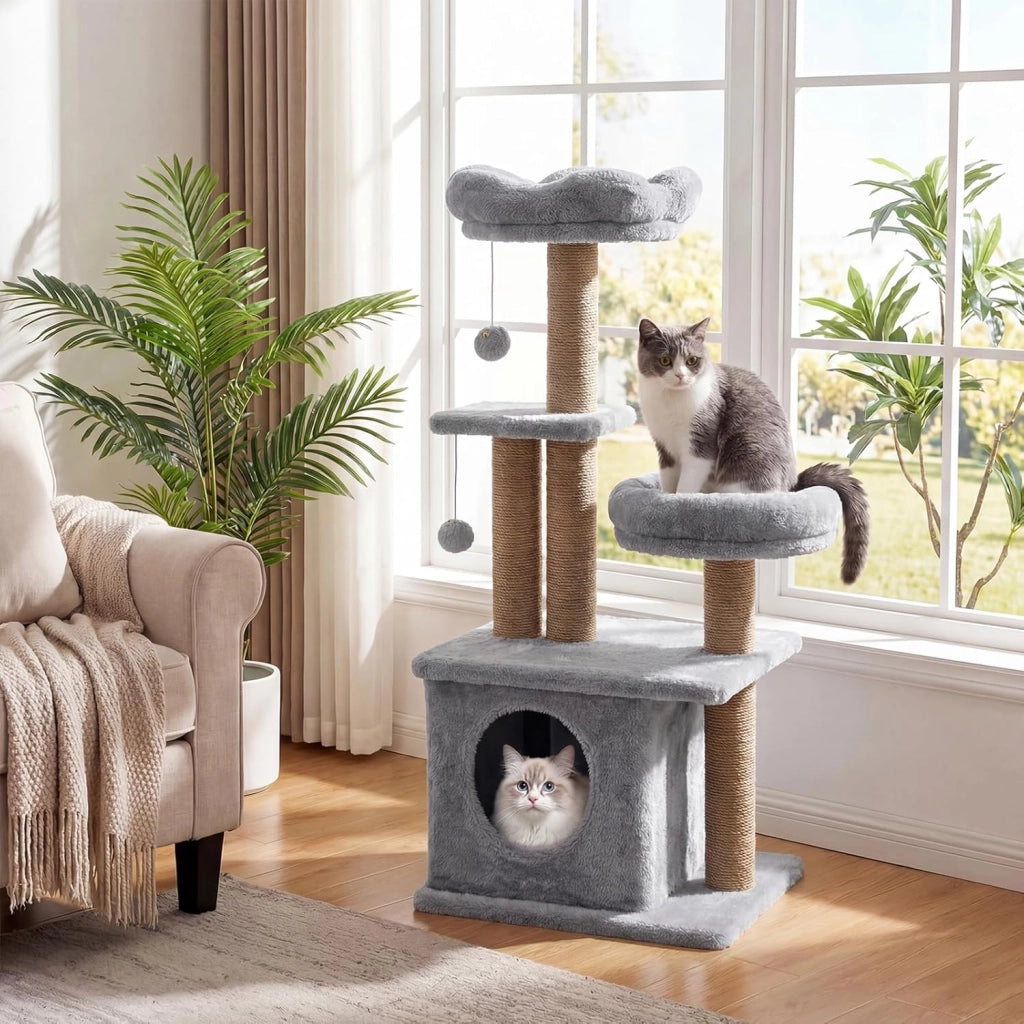 Albero per Gatti, Alberi Tiragraffi Alta 96 cm con Poggiolo Imbottito a Forma di Fiore, Condo Accogliente & Letto per Gatti, 2 Palline con Campanelli Appese & Posti per Graffiare (Grigio)