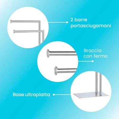 Piantana portasciugamani d'appoggio in acciaio satinato con 2 braccia