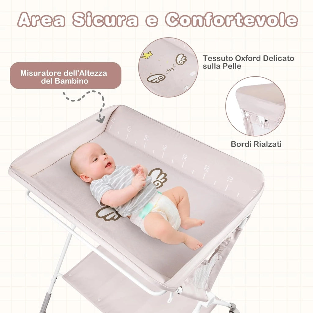 Fasciatoio Pieghevole per Bambini, Fasciatoio Portatile con Altezza Regolabile a 3 Livelli, Fasciatoio Neonato con Ruote di Bloccabili, Ripiano, Porta Asciugamani, per 0-12 Mesi (Beige)