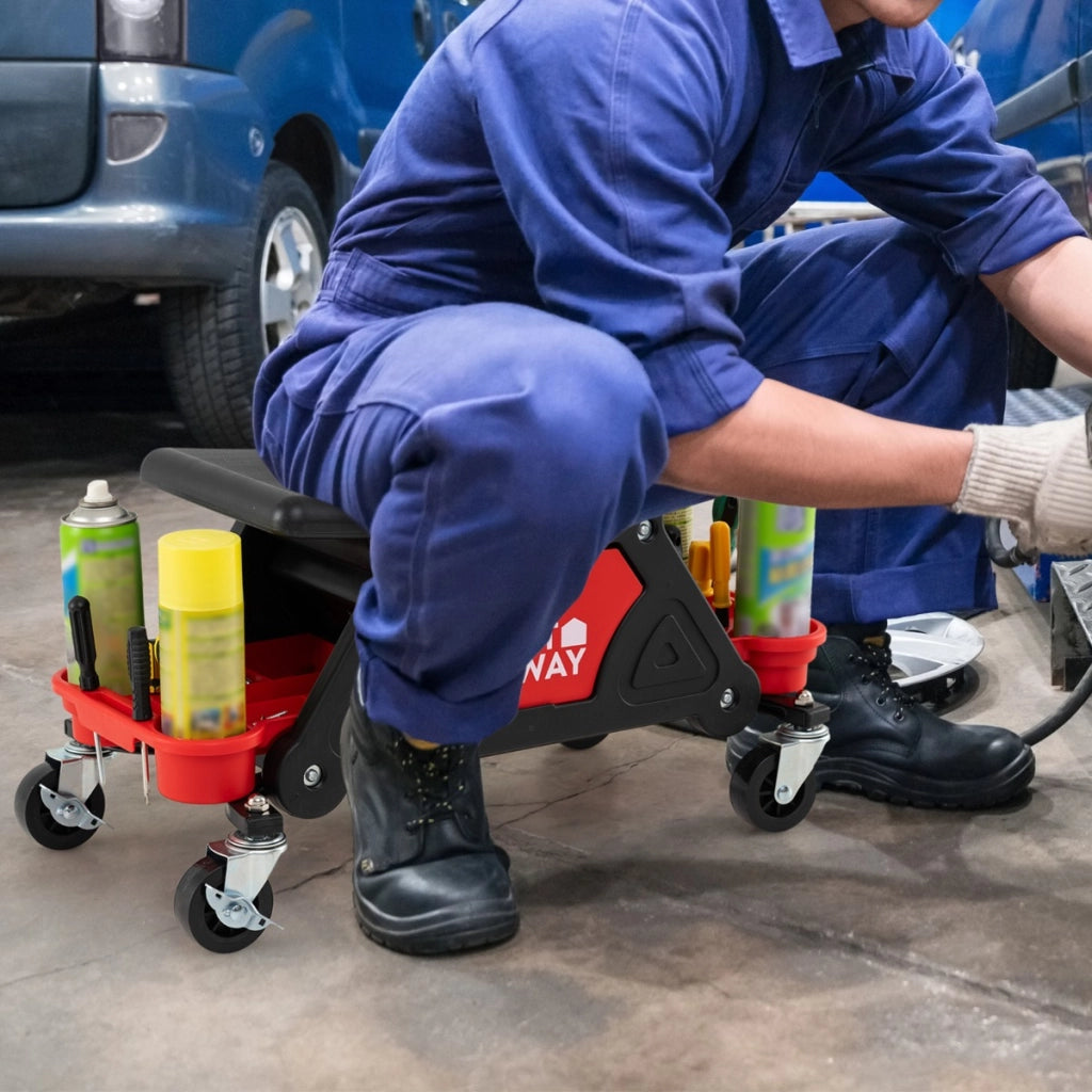 Sgabello da meccanico con ruote pesante per garage con cassetto, Sgabello sedile automobilistico per riparazioni auto
